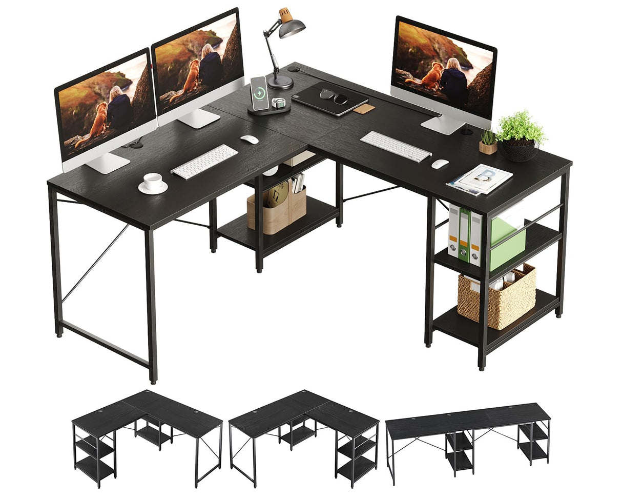 Bestier 95.2” L Shaped Desk, Reversible Corner Computer Desk or 2 Person Long Table with Adjustable Shelves, Large Writing Study Workstation with 3 Cable Holes - Black Bestier