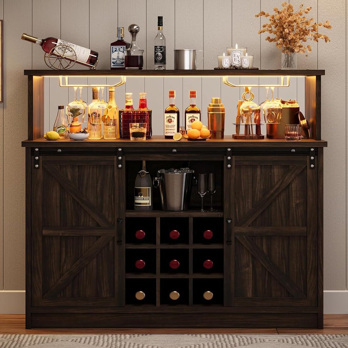 4ever2buy Farmhouse Wine Bar Cabinet with LED Light & Mirror, 47” Buffet Sideboard with 4 Glass Hooks & 9 Wine Racks, Coffee Bar Cabinet with Sliding Barn Door for Kitchen Dining Living Room, Brown 4ever2buy