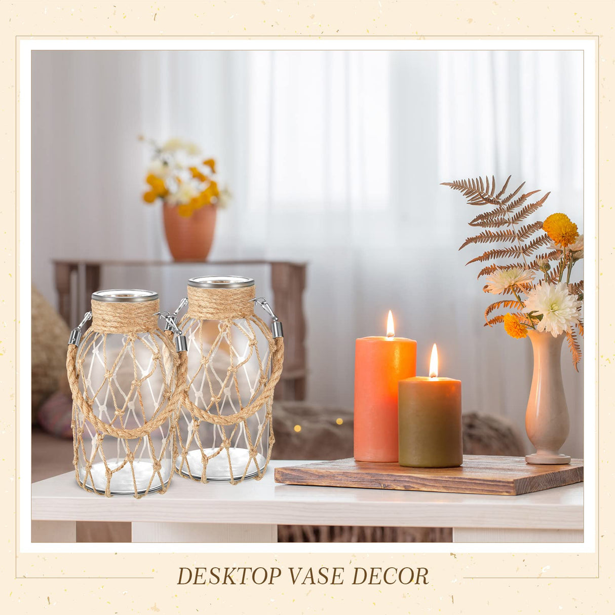 Set of 2 Rope Net Dry Flower Glass Vase 7.9 x 4 Inches Wicker Farmhouse Vase Coastal Decor for Wedding Tables Home Rustic Hanging Mason Jar Rope Wrapping Decorative Bottles Nautical Decor Sabary