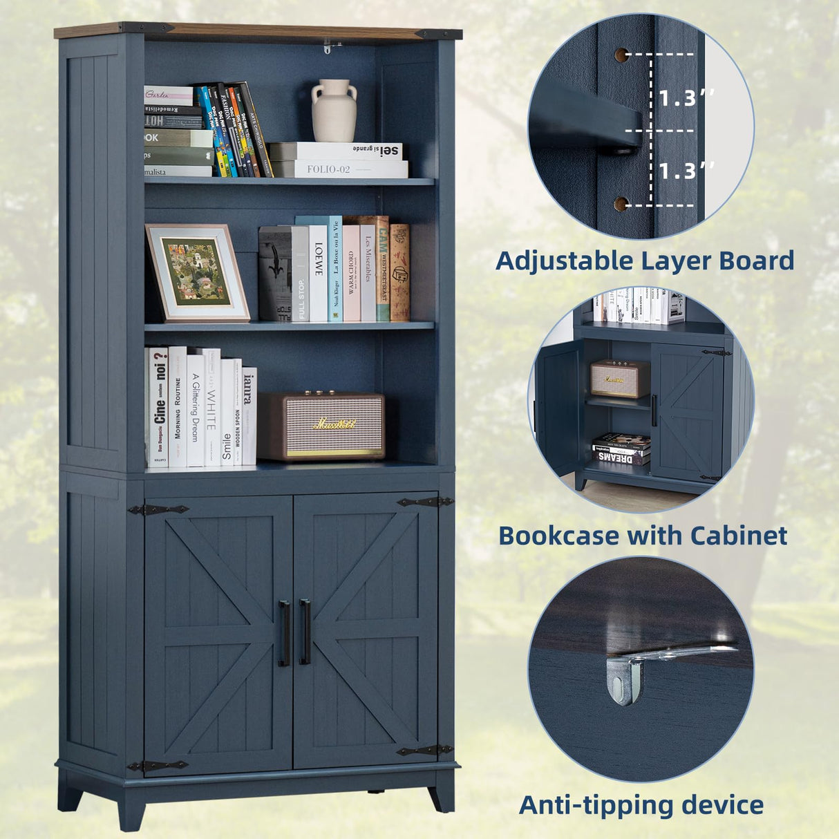 Joaxswe 70in Tall Bookshelf 5 Tier Bookcase with Barn Doors and Adjustable Shelves, Blue Farmhouse Book Shelf with Storage Cabinet, Wood Freestanding Display Bookshelves for Bedroom, Living Room Joaxswe