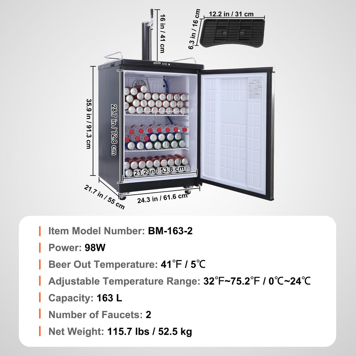 VEVOR Beer Kegerator, Single Tap Draft Beer Dispenser, Full Size Keg Refrigerator With Shelves, CO2 Cylinder, Drip Tray & Rail, 32°F- 50°F Temperature Control, Holds 1/6, 1/4, 1/2 Barrels, Black VEVOR