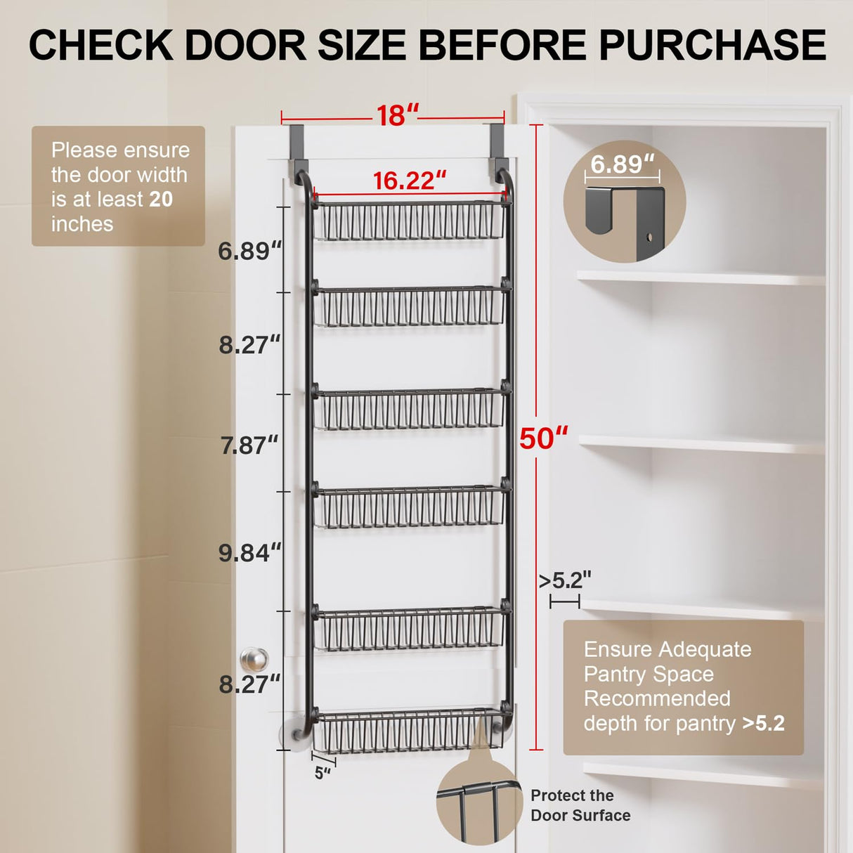 Over the Door Heavy-Duty Metal Organizer, 6-Tier Door Storage for Pantry, Easy Install, D4.65xW18xH50inch, Black Delamu