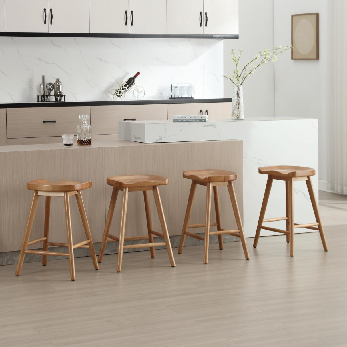 DUOMAY Backless Counter Stools Set of 4, Modern 24.25" Seat Height Low Bar Chairs Solid Rubber Wood Counter Height Barstools Farmhouse Dining Stools for Home Kitchen, Brown DUOMAY