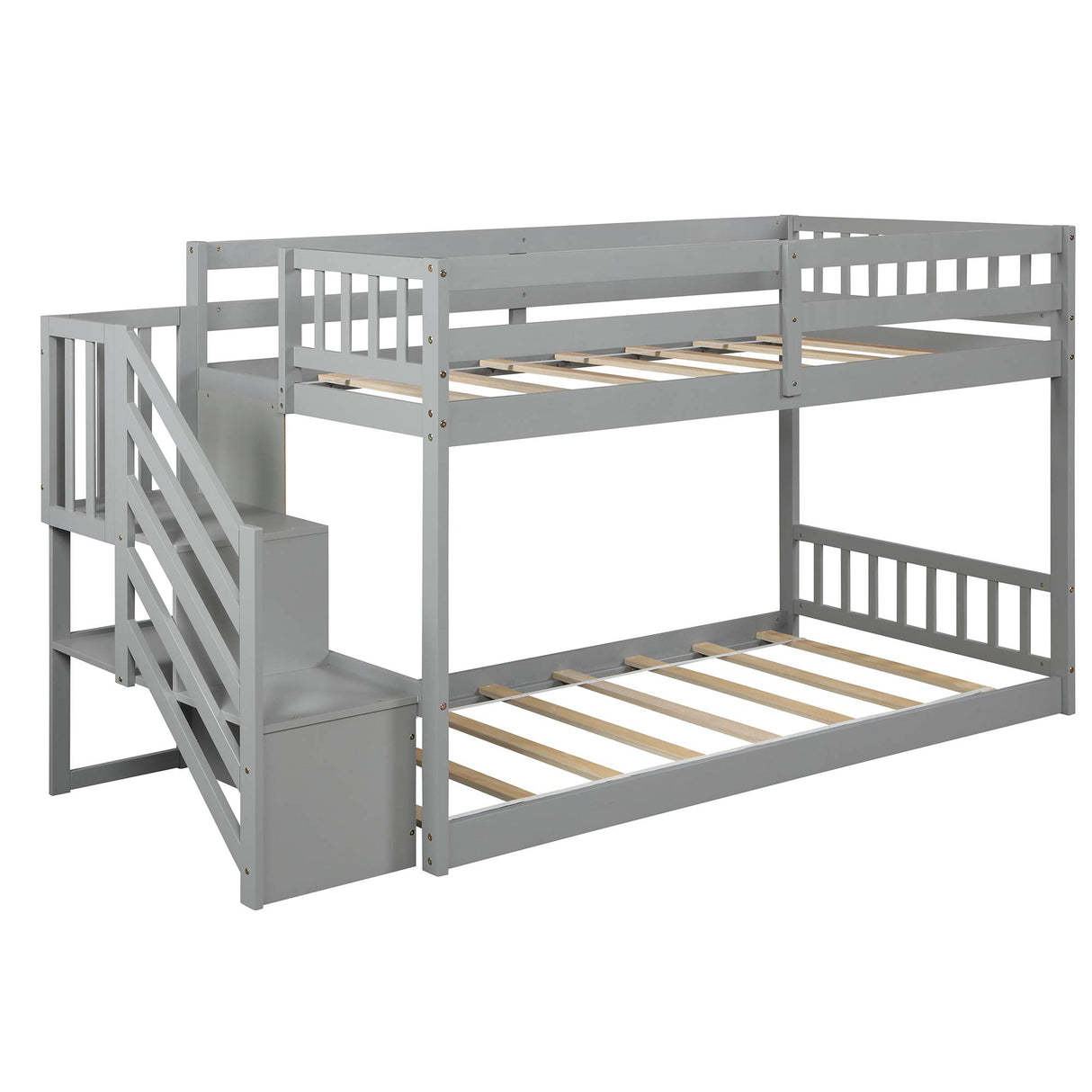 P PURLOVE Twin Over Twin Low Bunk Bed with Storage Stairs in Grey P PURLOVE