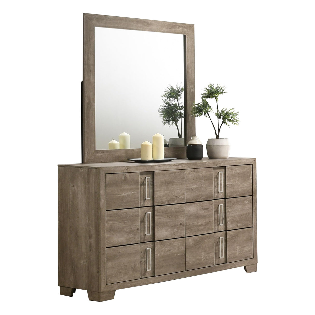 Kings Brand Furniture Dawson Modern 6-Piece Queen Size Farmhouse Style Bedroom Set in Light Brown Finish - Bed with LED Lights, Dresser, Mirror, Chest & 2 Nightstands Kings Brand Furniture