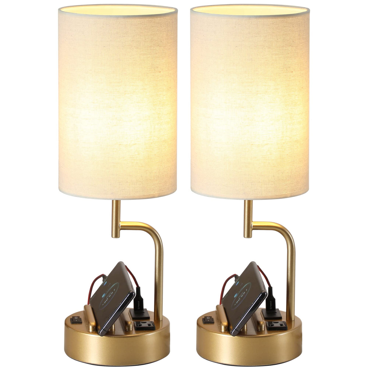 Dreamholder Table Lamp with 3 USB Charging Ports, Modern Desk Lamp with AC Outlet and Phone Stands, Perfect Bedside Lamp for Bedroom, Living Room, Office (Pack of 2), Gold Dreamholder