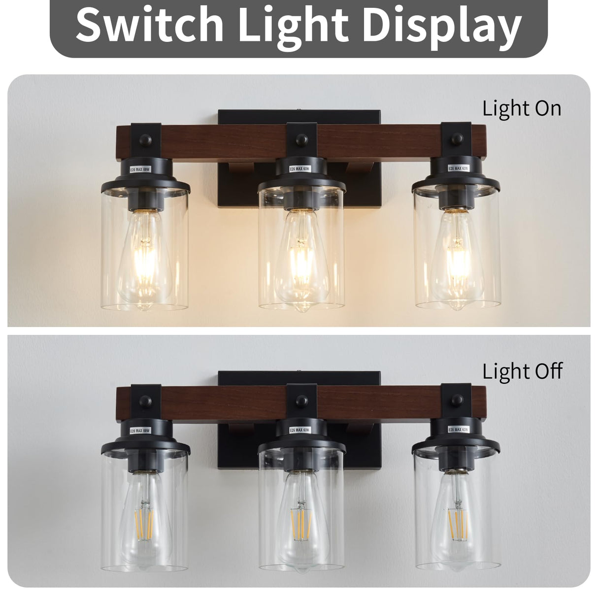 Aixialin Farmhouse Wood Vanity Light for Bathroom, 3-Light Wood Bathroom Vanity Light Fixtures Over Mirror, Rustic Sconces Wall Lighting with Metal Lampshade for Bathroom, Bedroom, Hallway Aixialin