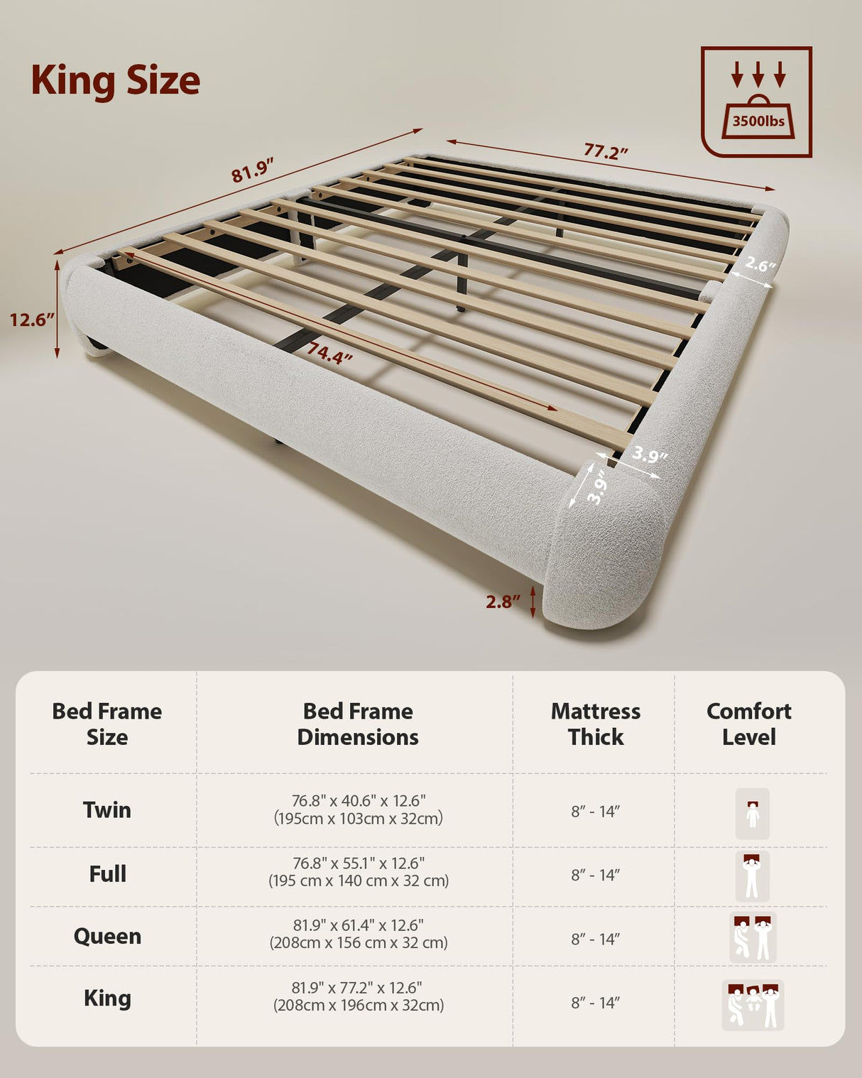 ZENBEDING Cloud Bed Frame King Size, Soft Boucle Bed Frame with Round Corner, Upholstered King Size Bed Frame with Heavy Duty Wood Slat, No Box Spring Needed, Easy Assembly, White ZENBEDING