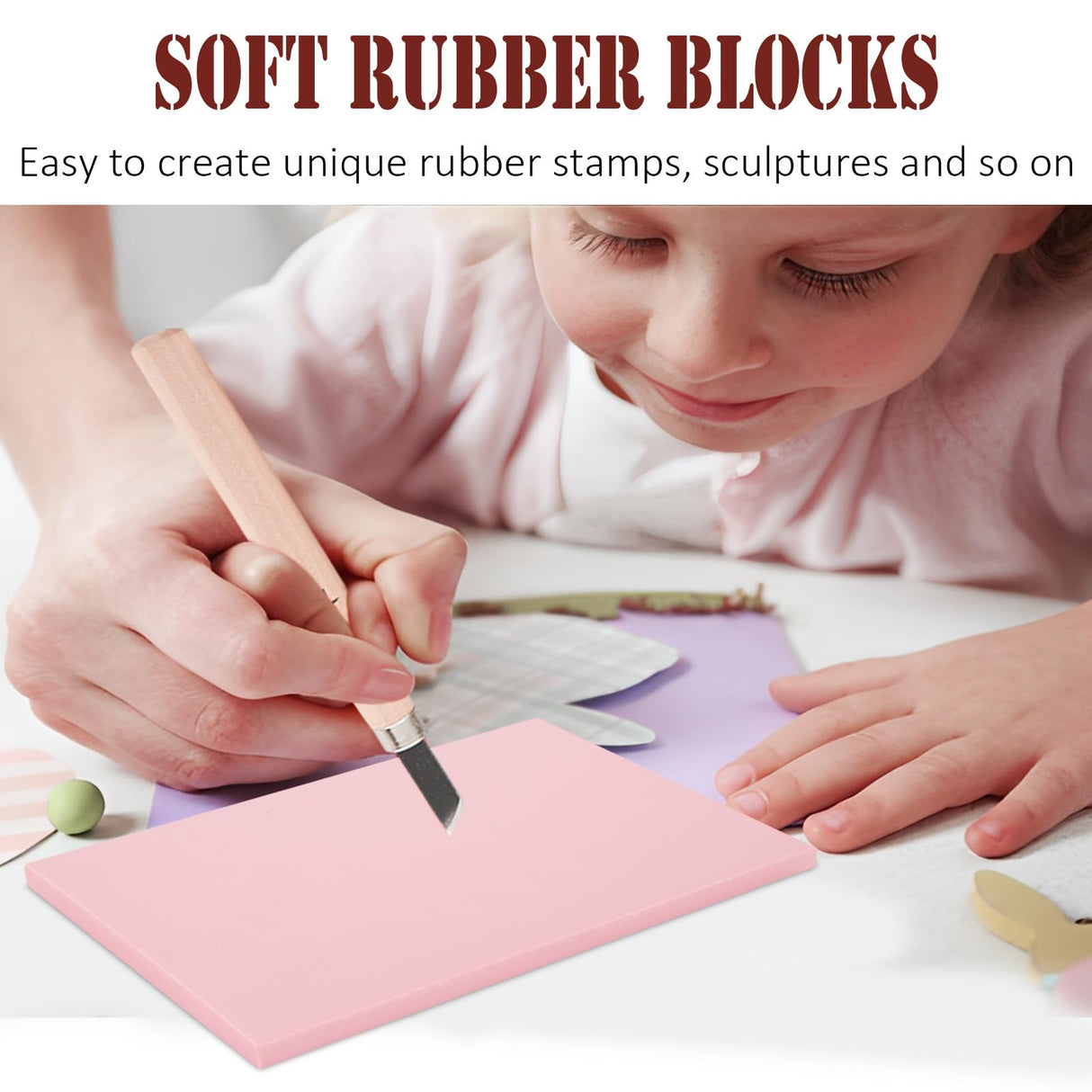 FVIEXE 8PCS 4x6 Inch Linoleum Carving Blocks for Printmaking, Rubber Linocut Block Stamp Making Kit with Wood Carving Tools and Rubber Brayer Roller, Soft Stamp Carving Kit for DIY Crafts FVIEXE