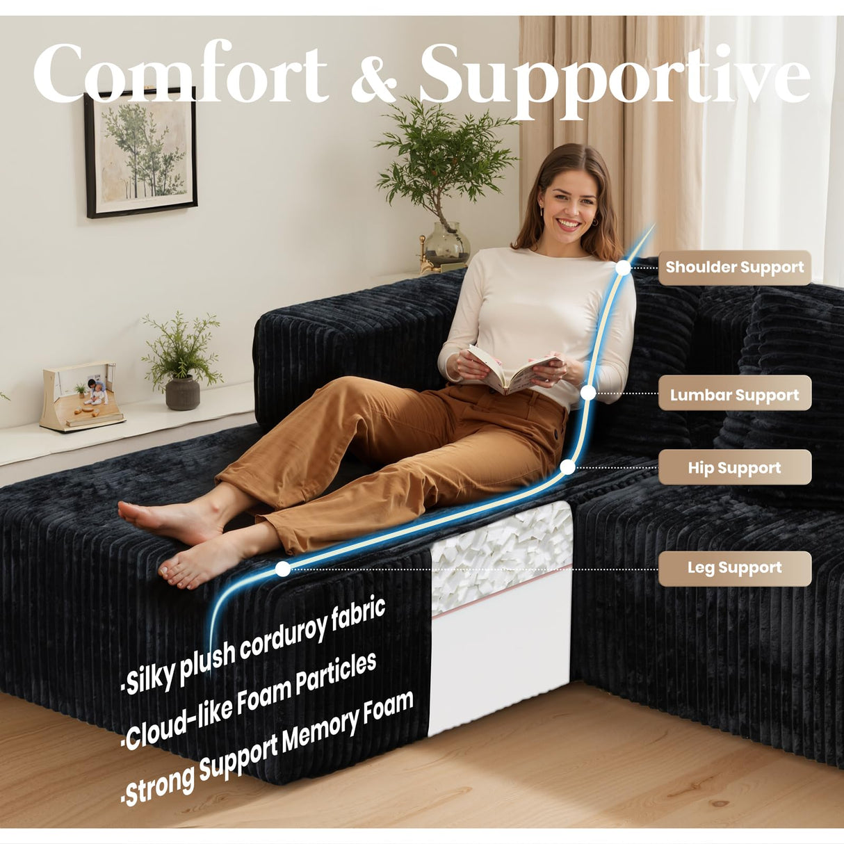 130'' U Shaped Sectional Couches for Living Room, Modular Boneless Cloud Sofa with 2 Chaise Lounges, 4-in-1 Flexible Combination Layered Foam Cushion Deep Seat Corner Couch, No Assembly Black Kelyda