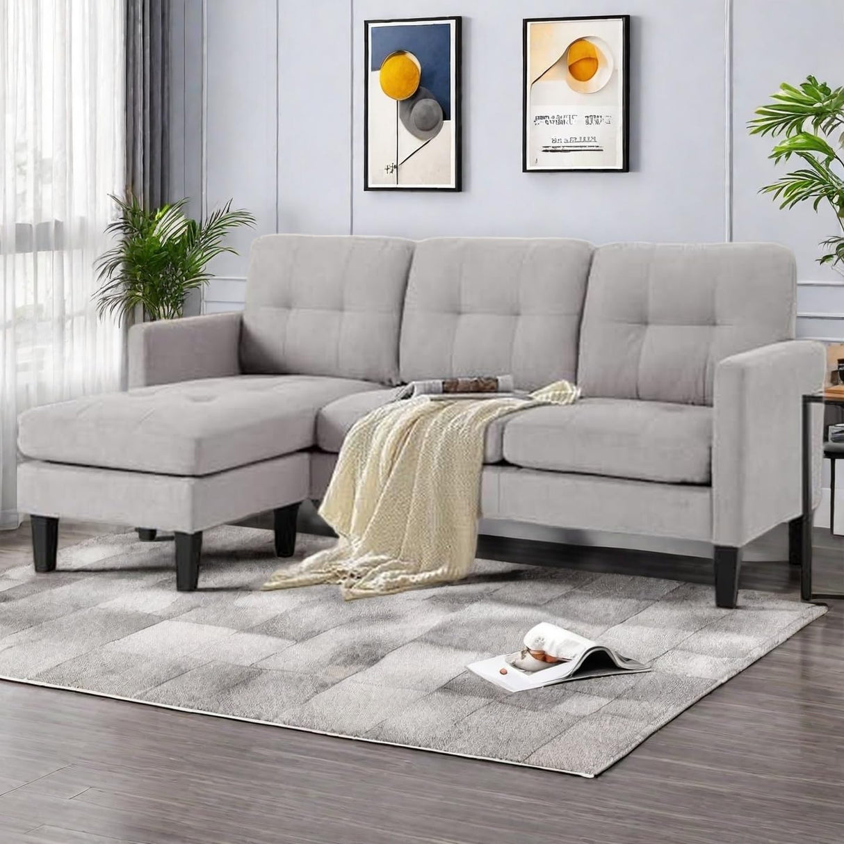 Trygoal Small L Shape Couch, 3 Seat Convertible Couch with Ottoman, Convertible Sleeper Sofa Bed with Reversible Chaise, Sectional Couches for Living Room Trygoal