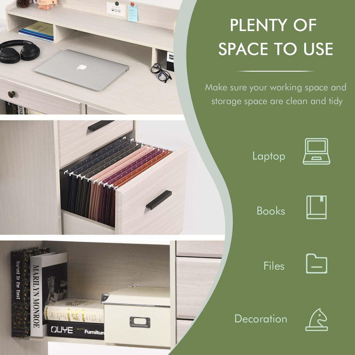 Catrimown Computer Desk with Drawers and Hutch, Farmhouse Home Office Desk Writing Table Wood Executive Desk Student Desk with File Drawer for Bedroom, Small Space, Milky White Catrimown