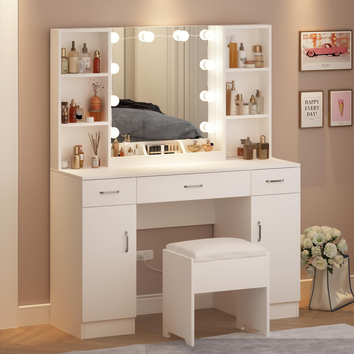 Vabches Makeup Vanity Desk with Lights, 3 Lighting Colors, White Vanity Set Makeup Table, Large Vanity with 3 Drawers, 2 Cabinets and Multiple Shelves, 45.2in Vabches
