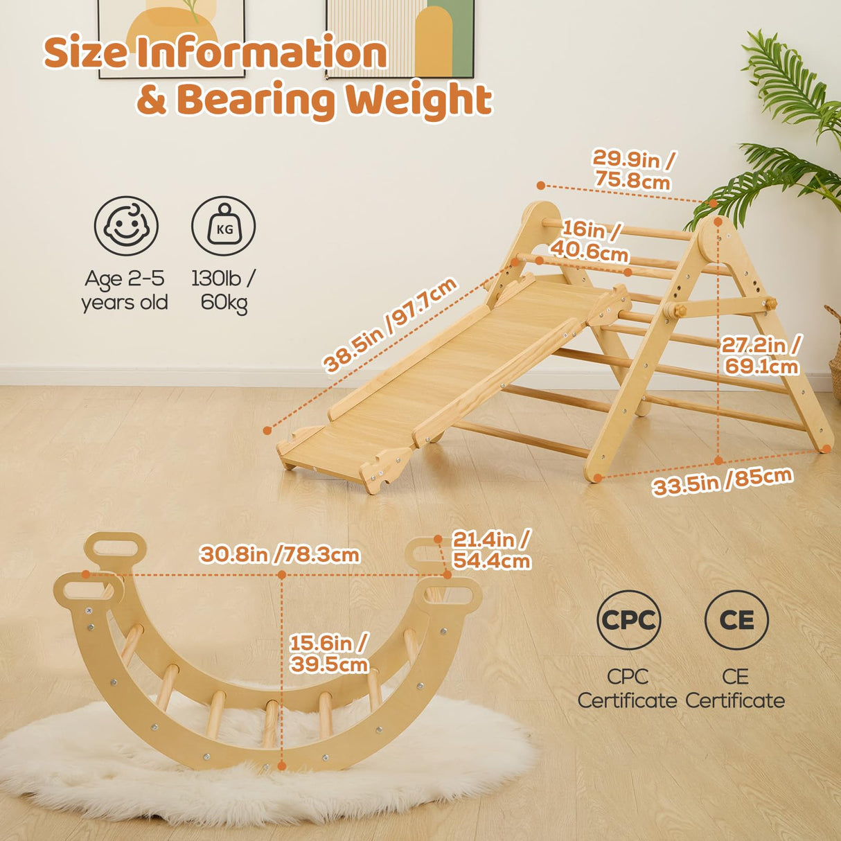 FUNLIO Foldable Pikler Triangle Set, Montessori Climbing Set with Solid Wood for Toddlers 2-5 yrs, Adjustable 5-in-1 Indoor Play Gym with Arch/Slide/Climbing Rock/Triangle, Easy to Install-Medium Size FUNLIO