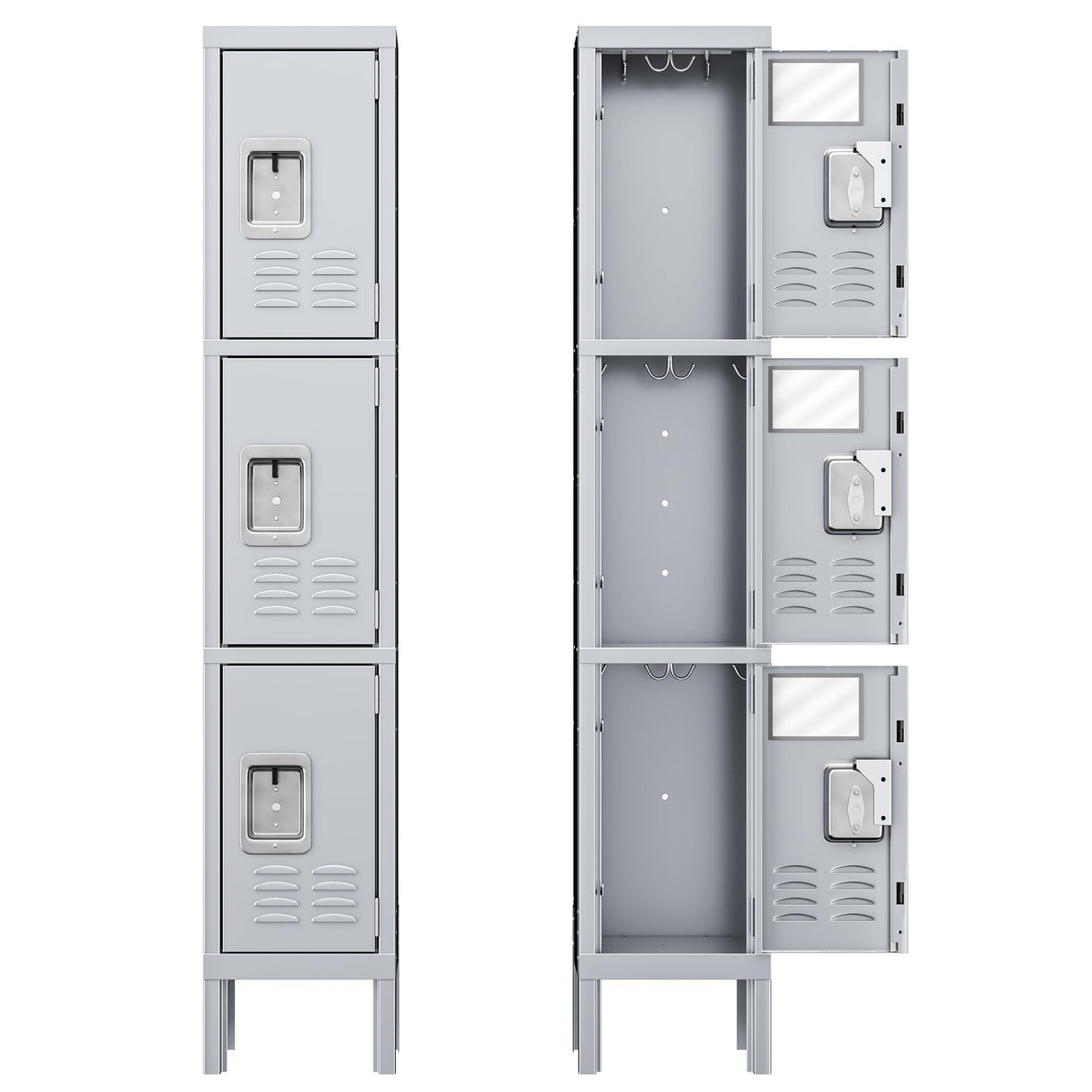 INTERGREAT Metal Lockers for Employees, 3 Door Storage Locker, Tall Steel Locker Cabinet for School, Office, Home, Gym, Kid Room, with Mirror (3-Tier,Grey) INTERGREAT