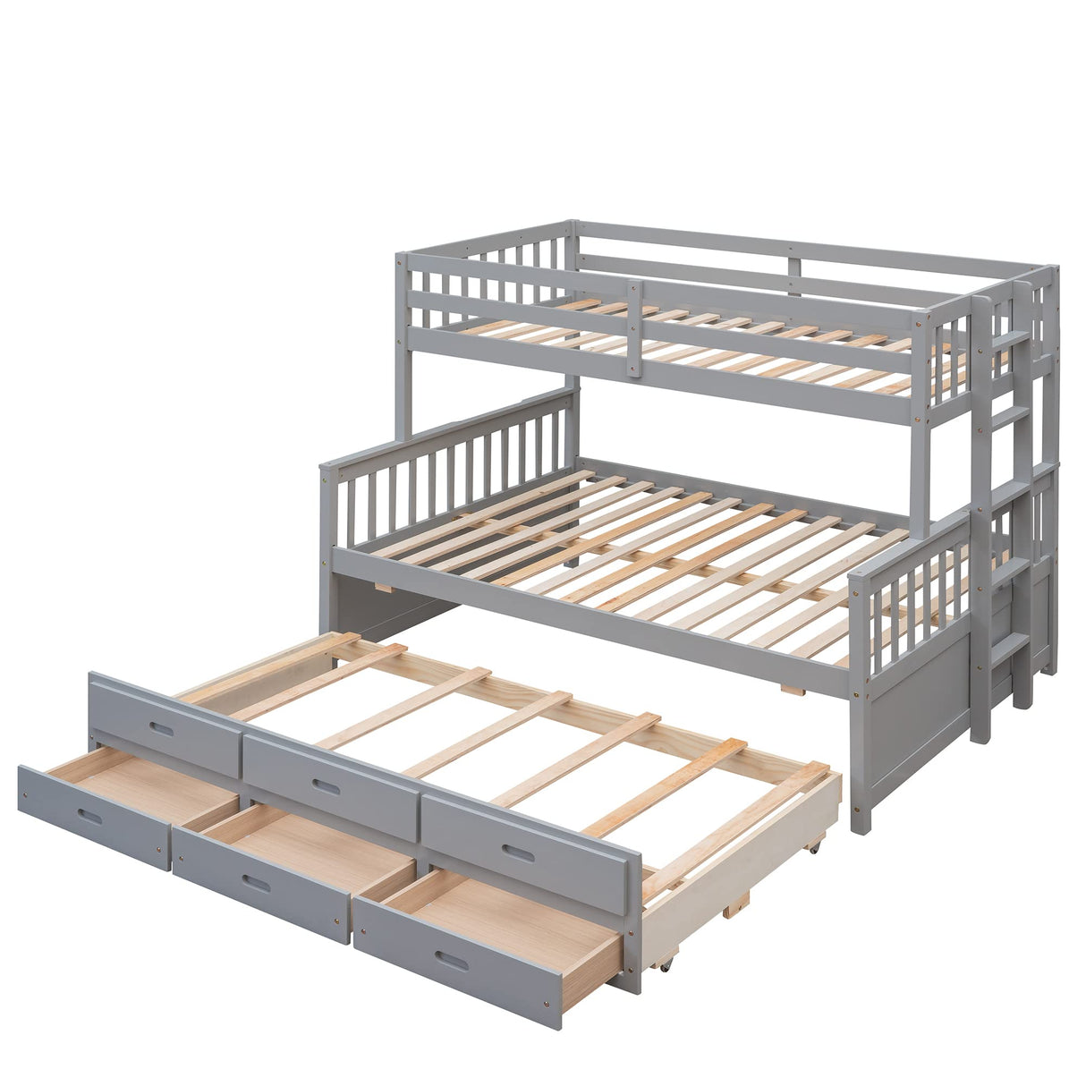 Ball & Cast Twin-Over-Full Bunk Bed with Twin-Size Trundle and Drawers,Separable Wood Bunkbed w/Full-Length Guard Rail & Slat Support,Space Saving,Bedroom Furniture for Student Dorms,Studio,Gray Ball & Cast