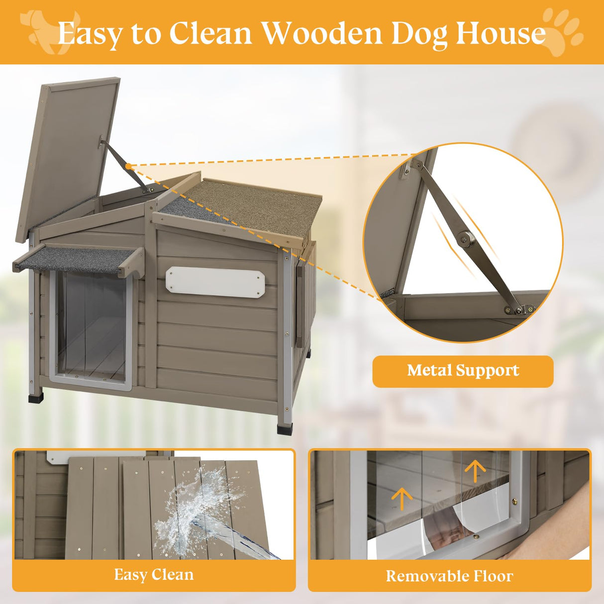 Gowoodhut Dog House Outdoor Weatherproof Large Wooden Dog Kennel Indoor with Chew-Proof Iron Frame, Removable Floor, and Adjustable Window for Large and Medium Dogs (Grey, 34" D x 22" W x 26.5" H) Gowoodhut