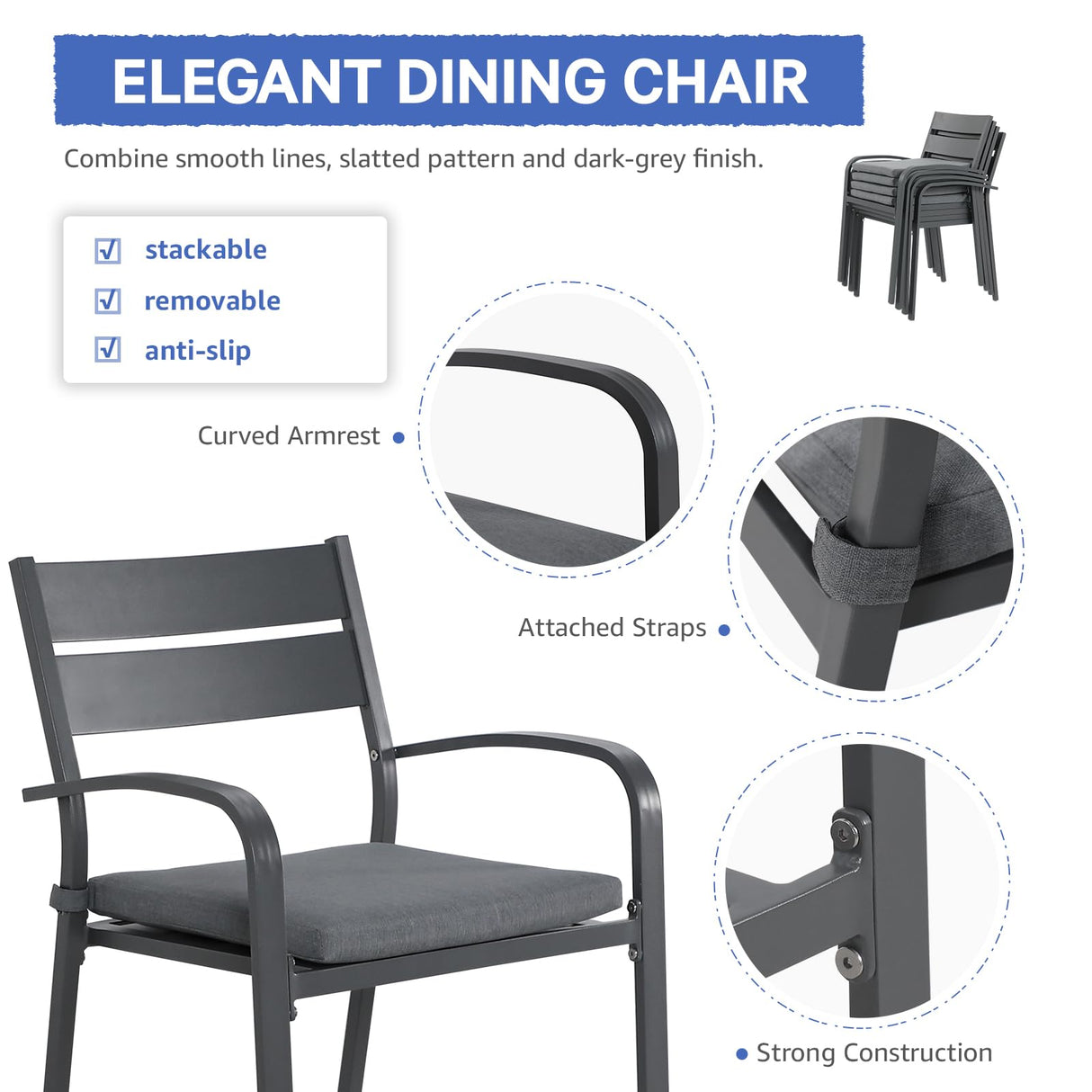 Soleil Jardin 9-Piece Outdoor Patio Dining Set, 59" - 83" Aluminum Expandable Outdoor Dining Table Set for 8, 8 Stackable Chairs with Gray Removable Cushions, Dark-Grey Soleil Jardin