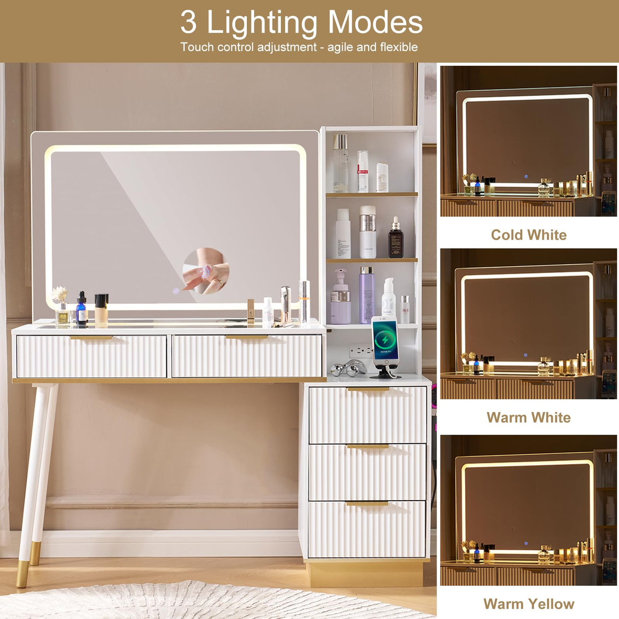 LUXOAK 54" Tall Vanity Desk with 35" W x 24" H Large Mirror and Lights, Large Makeup Vanity Table with 5 Drawers, 3 Shelves and Charging Station, Glass Top Desk for Dressing Room, Bedroom, White LUXOAK