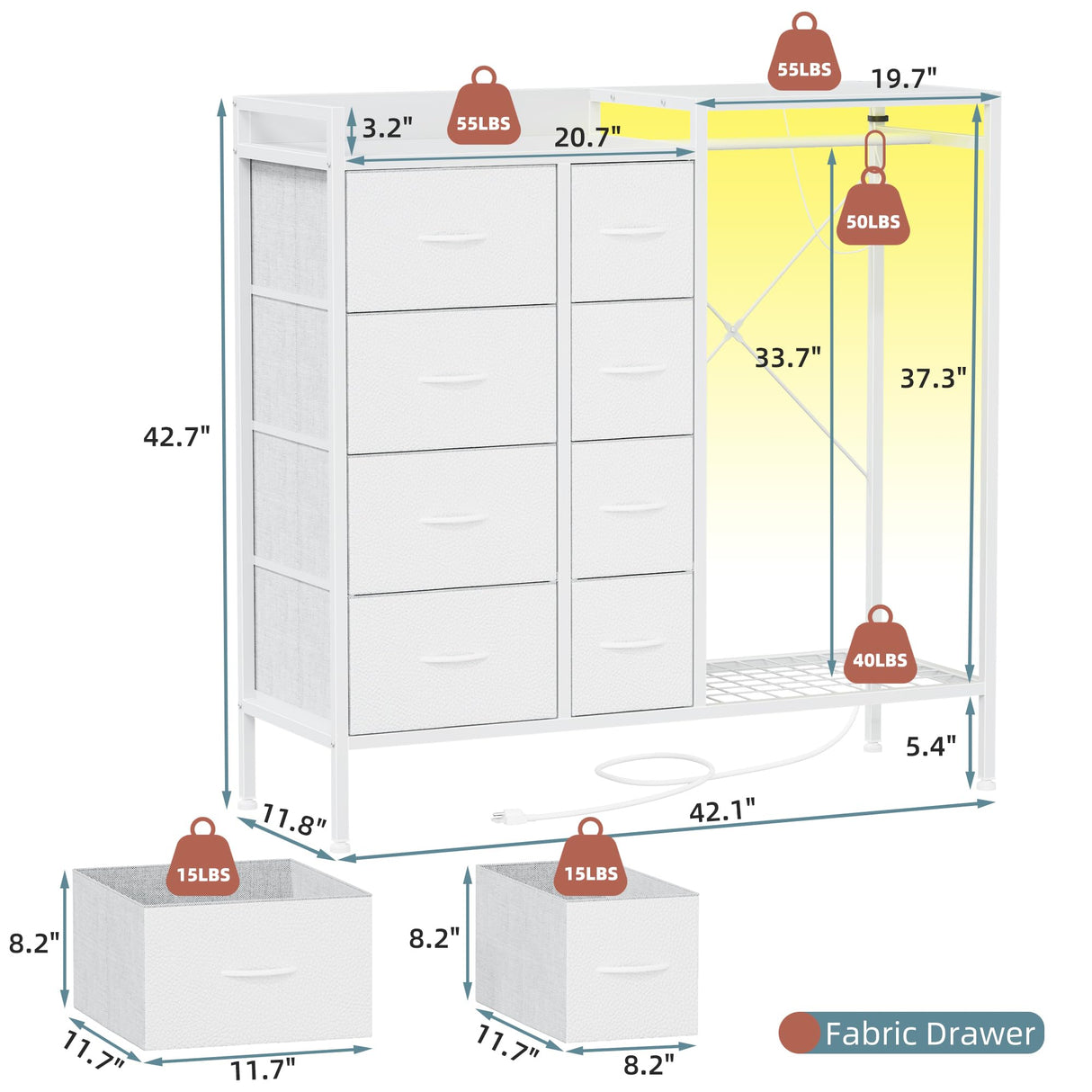 HIGDBFE 8-Drawer Dresser with Hanging Rack, Fabric Dresser with Charging Station & LED Lights, 42" W Dressers with Wooden Top for Clothes Storage, Fabric Chest of Drawers for Bedroom, White HIGDBFE
