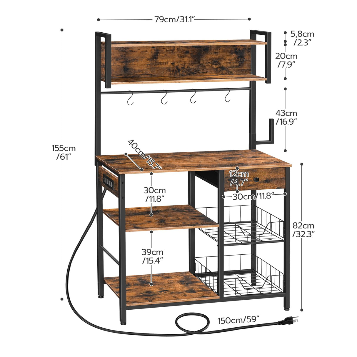 HOOBRO Rustic Brown and Black 5-Tier Bakers Rack with Power Outlets, Microwave Stand, and Storage Baskets HOOBRO