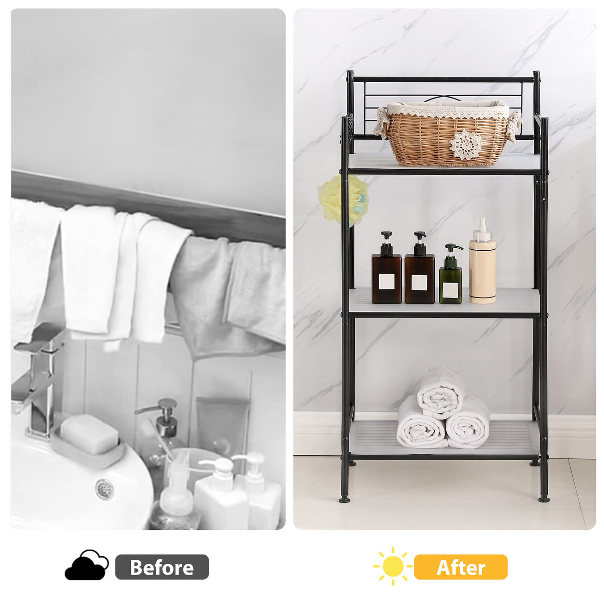 MallBoo 3-Tier Metal Freestanding Storage Shelf,Standing Bathroom Shelves with 3 x PP Shelf Liners and 4 x Hooks for Laundry Kitchen Office (Black) MallBoo