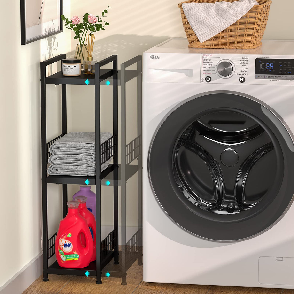 DAOUTIME 3-Tier Metal Shelving Unit, Expandable, Free-Standing, Narrow, Open Floor Shelves, Ideal for Bathroom, Kitchen, Laundry, Storage, Organization DAOUTIME