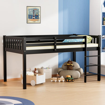 JOYMOR Twin Loft Bed Low Loft Bed Frame for Little Kids Small Room/Low Ceiling Bedrrom with Guardrail and Ladder (Black)