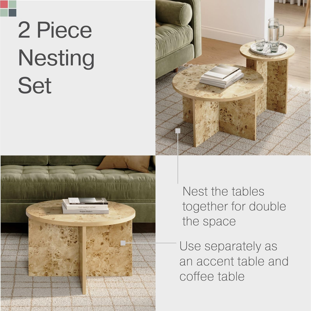 Burl Wood Round Nesting Coffee Tables - Modern Living Room Furniture - Organic Modern Drink Desk - Stylish Home Decor - 2 Piece Tables Set - Burl Top and Base Stead