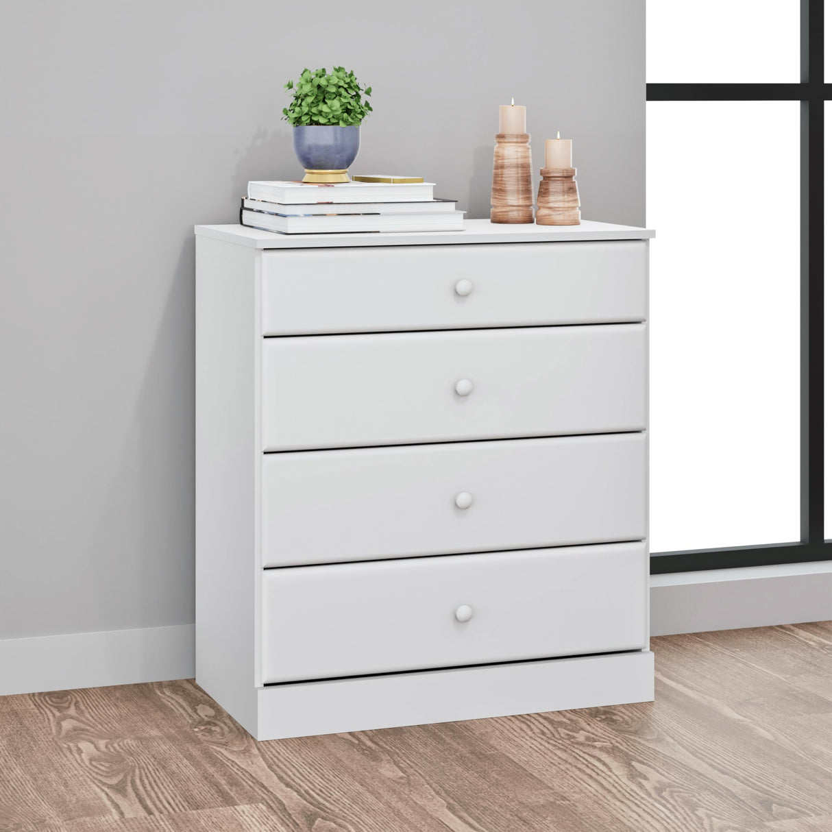 Prepac Astrid Simplistic 4-Drawer Dresser for Bedroom, Functional Bedroom Dresser Chest of Drawers 16" D x 30" W x 36.25" H, White, WDBR-0401-1 Prepac