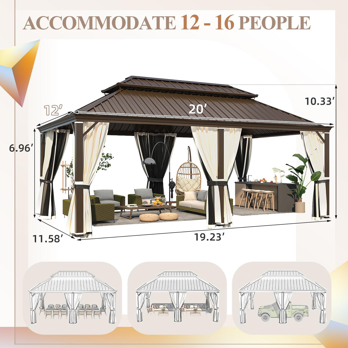 YOLENY 12' x 20' Gazebo, Galvanized Steel Double Roof Hardtop Gazebo with Aluminum Frame, Permanent Outdoor Metal Pavilion with Curtain and Netting for Patio, Lawn and Garden YOLENY