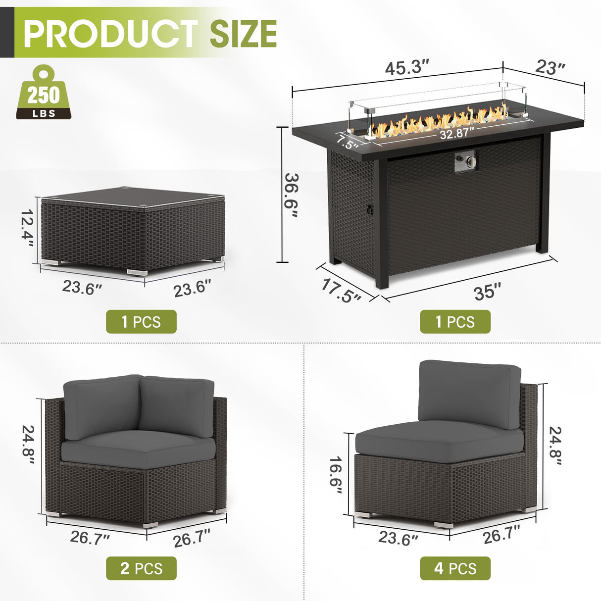 Crownland 8-Piece Outdoor Patio Furniture Sets with 45” Propane Gas Fire Pit Table, All-Weather Black Wicker Rattan Sectional Sofa with Coffee Table(Grey) Crownland