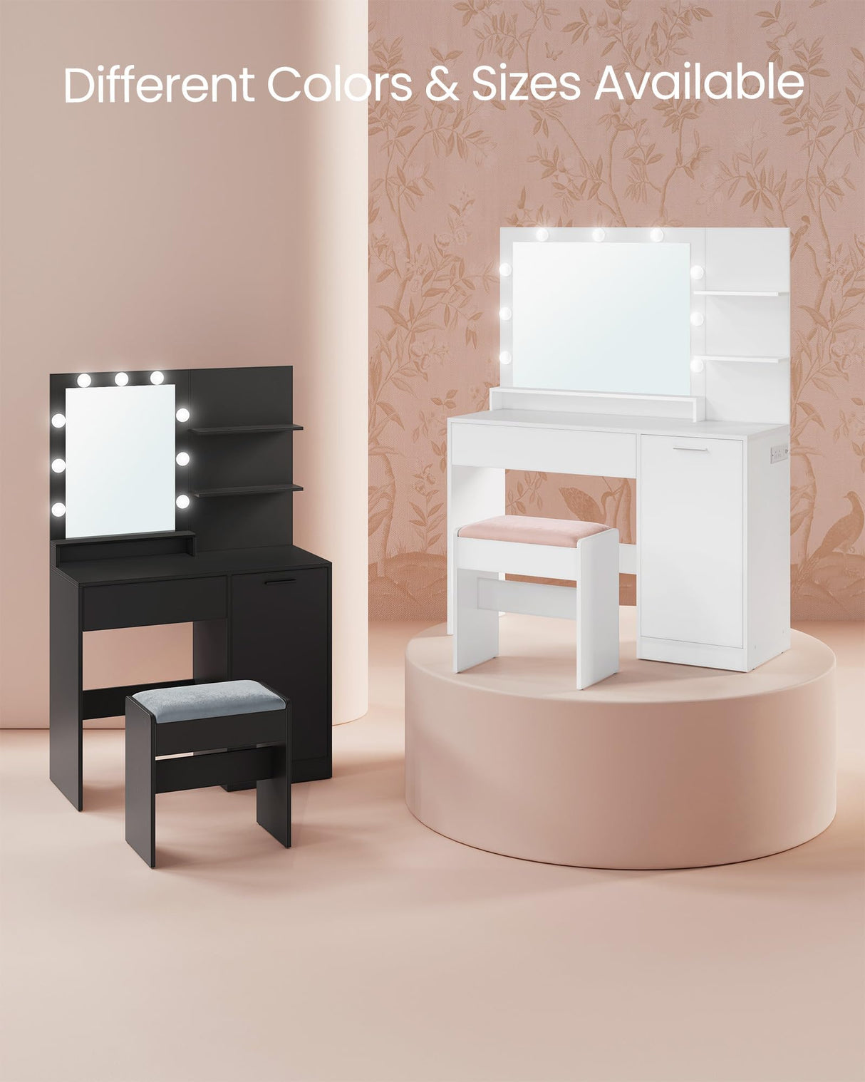 VASAGLE Vanity Desk with Mirror and Lights, 43.3-Inch Wide Makeup Vanity with Upholstered Vanity Stool, Power Outlets, Dimmable LED Lights, Storage Drawer, for Bedroom, Cloud White URDT628W01 VASAGLE