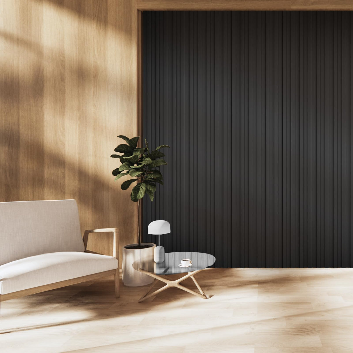 OUZUGIE WPC Acoustic Slat Wall Paneling, 8-Pack 96 x 6 Inches 3D Wall Panels for Interior Wall Decor,Living Room,TV Background,Study Room,Office Spaces,Bedroom,High Grille (Black) OUZUGIE