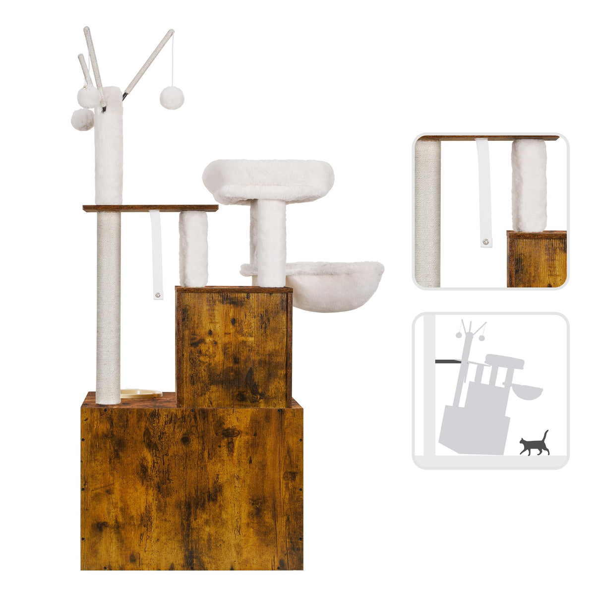 Heybly Cat tree, Wood Litter Box Enclosure with Food Station, All-in-one Indoor Cat Furniture with Large Platform and Condo, Modern Style Cat Tower, Hammock, Rustic Brown HCT102SR Heybly