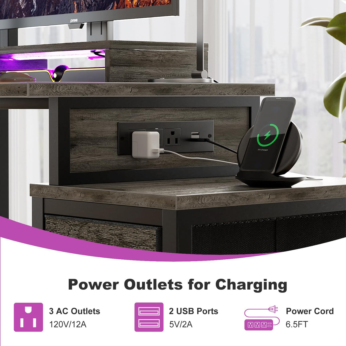 Small Gaming Desk with 2 Fabric Drawers - Reversible Computer Desk with Power Outlet & LED Lights, 49" Office Desk with Monitor Stand & Storage Shelves, Writing Study Table with Pegboard, Grey Oak Besiost