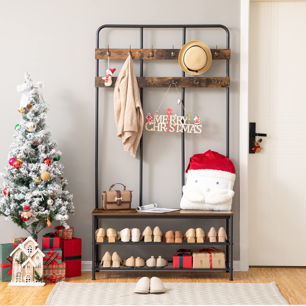 HOOBRO Hall Tree with Bench, Entryway Bench with Coat Rack, Mud Room Bench with 12 Double Hooks and Storage Bench, Coat Tree, Shoe Rack Organizer, for Foyer, Front Door, Rustic Brown BF05MT01 HOOBRO
