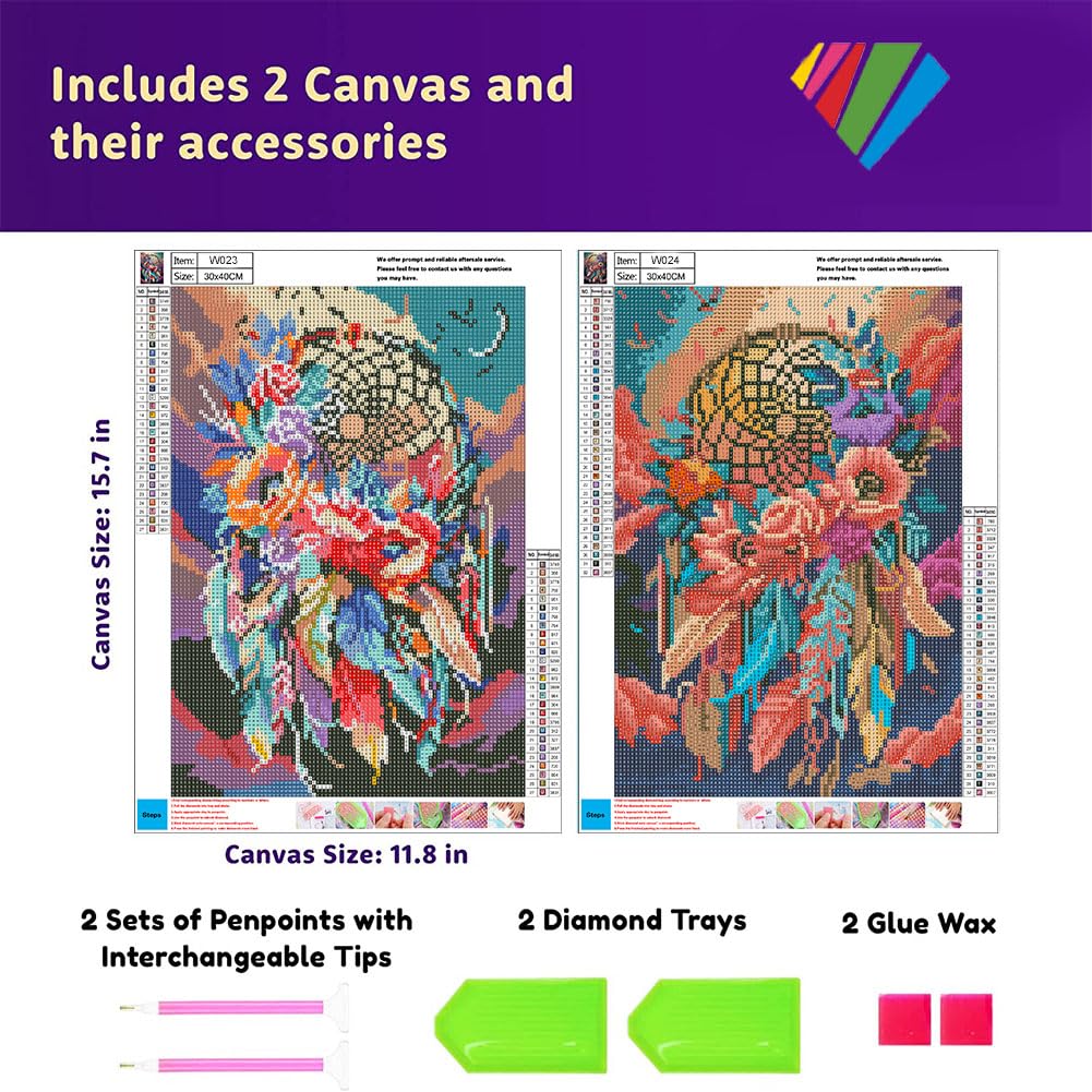 OFRKE 2-Piece Dream Catcher Diamond Painting Kits for Adults, Round Full Drill 5D DIY Diamond Art Kits for Home Wall Decor 12"x16" OFRKE
