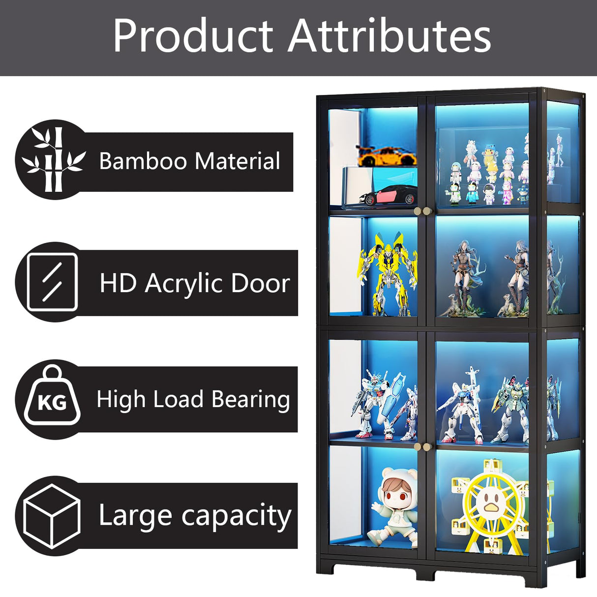 walkclpck 4 Tier Curio Display Case, Display Cabinet with Acrylic Door, 65“Transparent Curio Case, Organizers Rack & Display Shelf, Kids Bookcase for Bedroom, Office, Playroom, Living Room. walkclpck