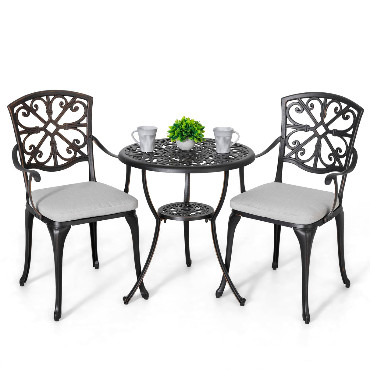 NUU GARDEN Bistro Set 3 Piece Outdoor All Weather Cast Aluminum Patio Bistro Set Patio Table and Chairs Set of 2 with Umbrella Hole and Grey Cushions for Backyard, Balcony, Lawn, Black NUU GARDEN