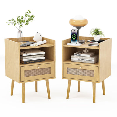 MECHYIN Rattan Nightstands Set of 2 with Charging Station, Bedside Tables Rattan Drawers Nightstands, Rattan End Table with Solid Wood Feet, Side Table Nightstands sets for Bedroom
