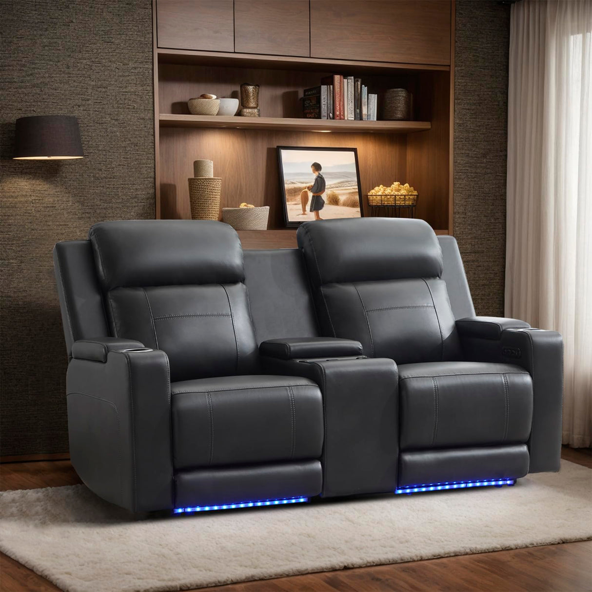 Neptane Power Reclining Loveseat with Adjustable Headrest, Home Theater Seating with LED Light/Armrest Storage, Power Loveseat Recliner Sofa with Console/Wireless Charging(Grey&Black, Loveseat) Neptane
