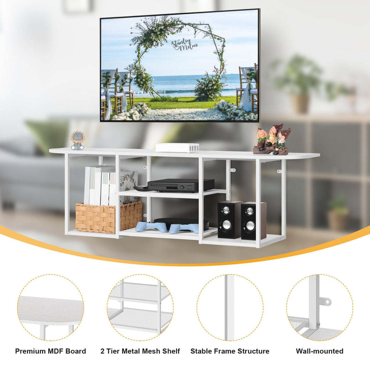 BTY Floating TV Stand for 50" TV Wall Mounted Entertainment Center with 3 Tier Open Storage Shelf, Wooden Media Console for Living Room, Bedroom, Under TV Shelf, White BTY