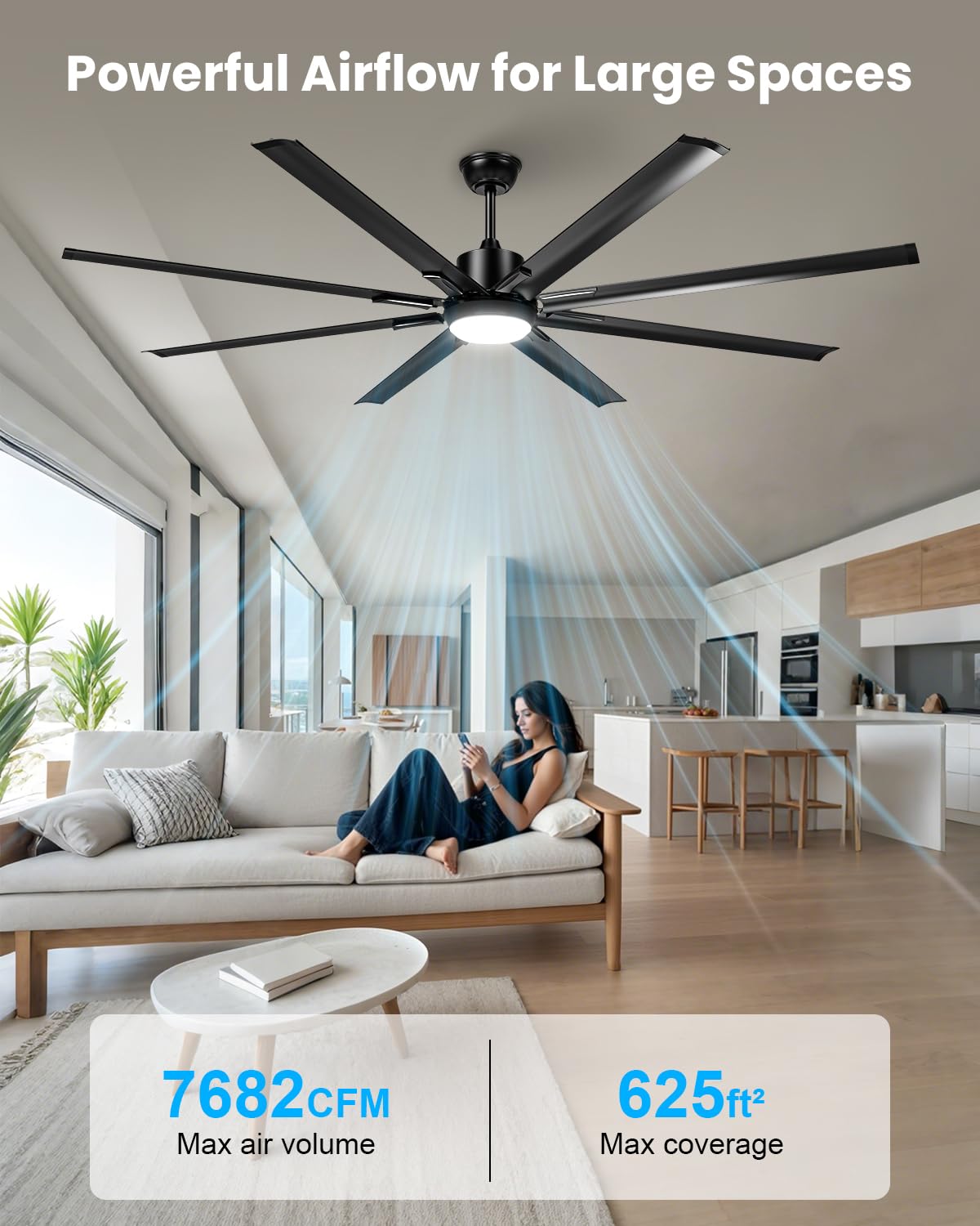 72 Inch Large Industrial Ceiling Fan with Light and Remote-8 Aluminium Blades Ceiling Fan with Energy Efficient DC Motor,Reversible Airflow-Ideal for Living Room,Patio,Garage,and Commercial Spaces Hisummer