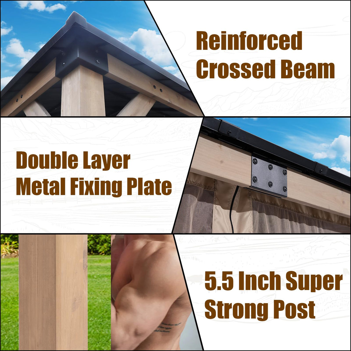 CHARMELEON 12'x20' Cedar Wood Gazebo Hardtop - Wooden Gazebo with Dual Metal Roof - Permanent Outdoor Gazebo Canopy - Large All Weather Patio Gazebo for Backyard, Deck & Garden - Greyish Brown Frame CHARMELEON