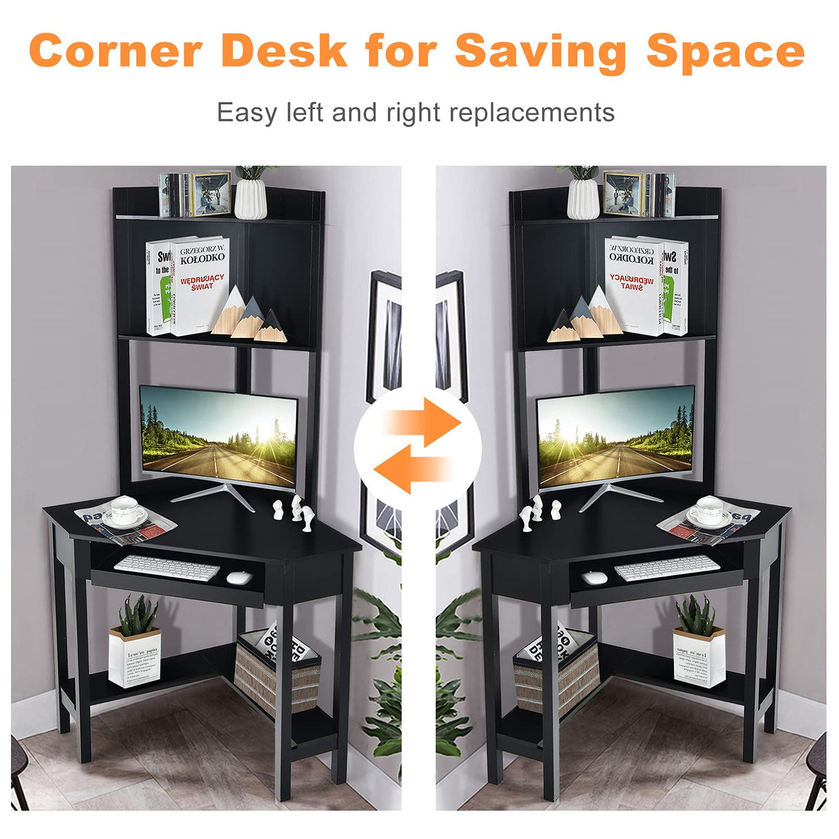 Tangkula Corner Desk with Hutch, 90 Degrees Triangle Corner Computer Desk with Keyboard Tray & Bookshelves for Small Space, Space Saving Corner Writing Desk for Bedroom Tangkula
