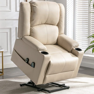 COMHOMA Power Lift Recliner for Elderly,Lift Chair with Heat and Massage,PU Recliner Sofa with Timing Function 2 Side Pockets,Cup Holders and Infinite Position for Living Room (White)