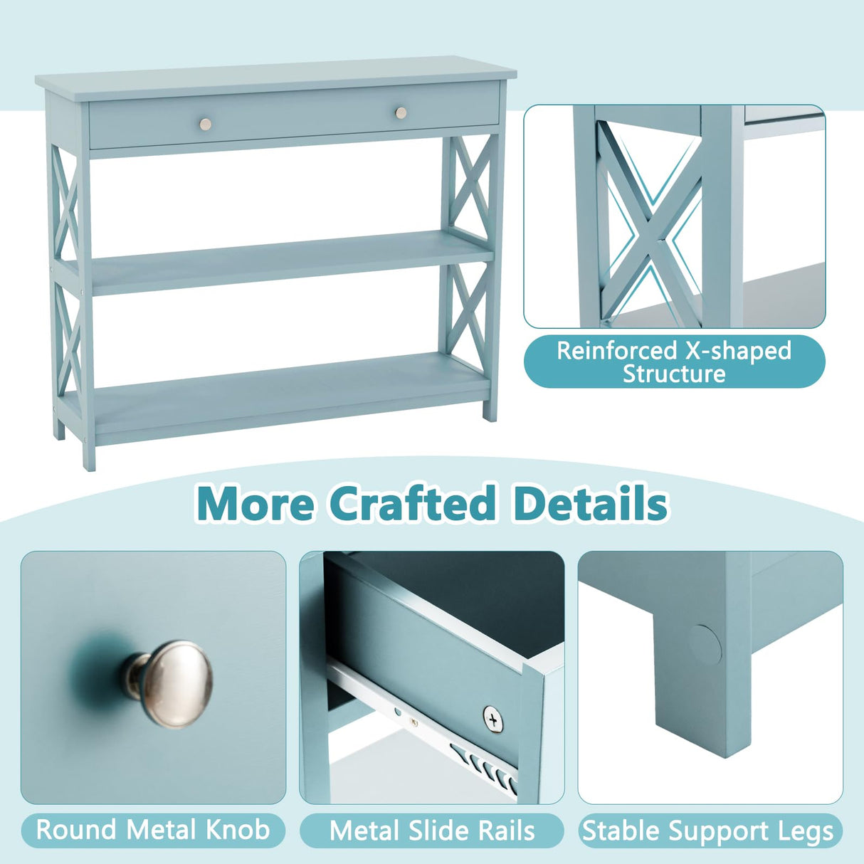 GOFLAME 3-Tier Sofa Tables, Long Narrow Console Table with Large Drawer & 2 Open Storage Shelves, Wooden Entry Table, Modern Entryway Table with Storage for Living Room, Entryway, Hallway (Green) GOFLAME