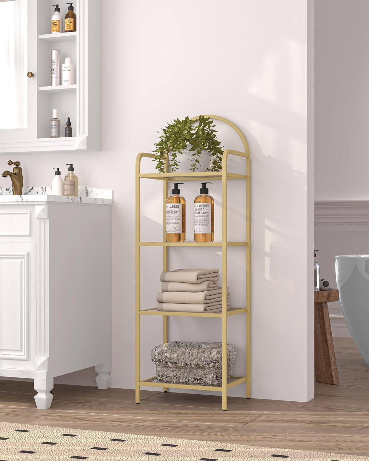 Hzuaneri Bookcase Bookshelf, Tempered Glass Bookshelves, Slim Shelving Unit for Bedroom, Bathroom, Home Office, Steel Frame, 4 Tier Gold BC04001G Hzuaneri