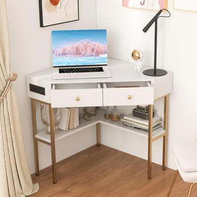 IFANNY Corner Desk with Power Outlet, 90 Degrees Triangle Desk w/Storage Shelves and Drawers, Corner Makeup Vanity Table, Corner Desks for Small Spaces, Small Corner Desk for Bedroom, Study (White)